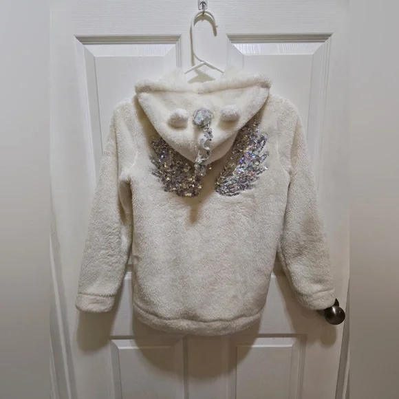 Cat & Jax White Faux Fur Fleece Coat with Sequin Wings and Unicorn Hood - Picture 3 of 5